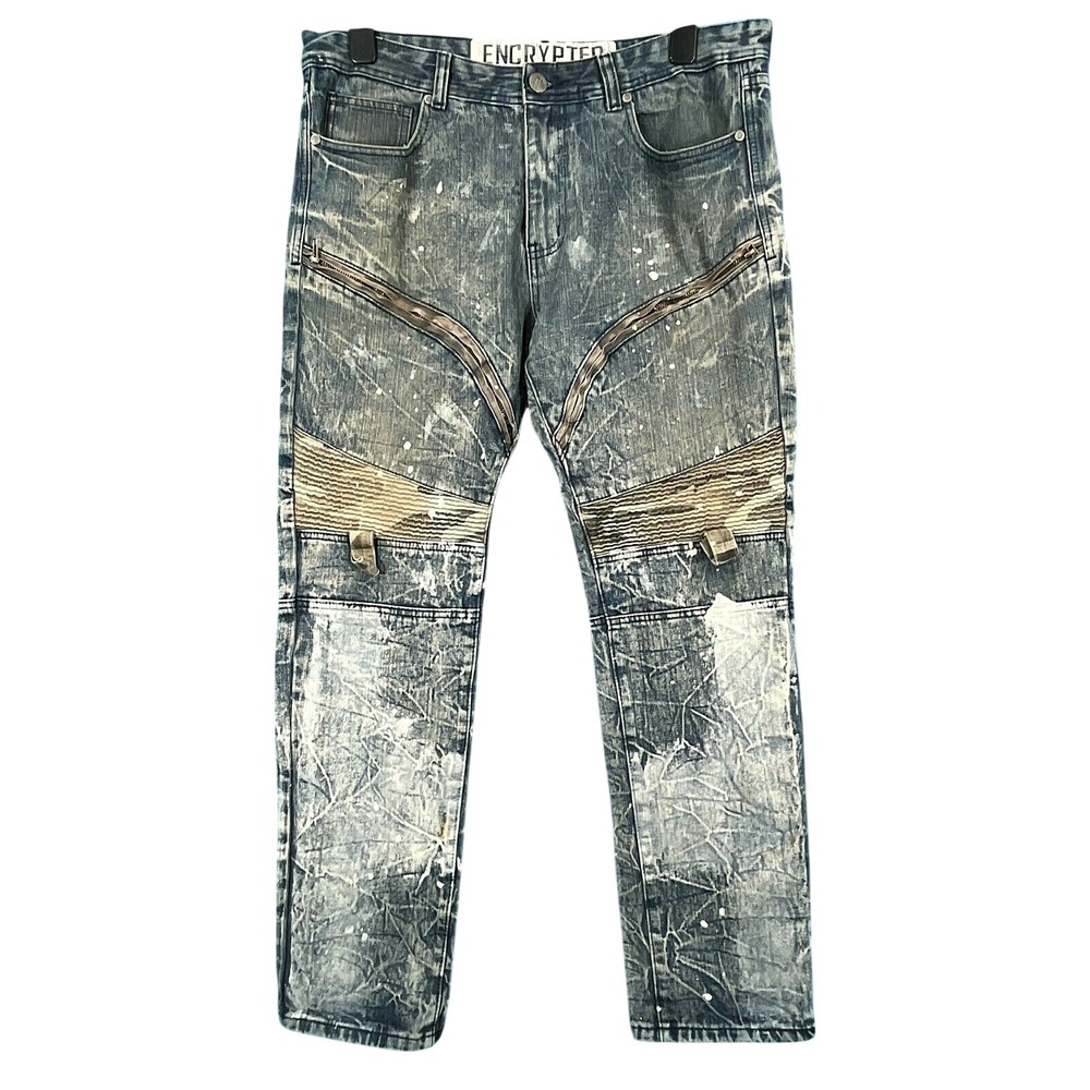 Vtg Y2K Encrypted Distressed ACID Washed PAINT SPLATTER Zipper Moto Jeans 38-32